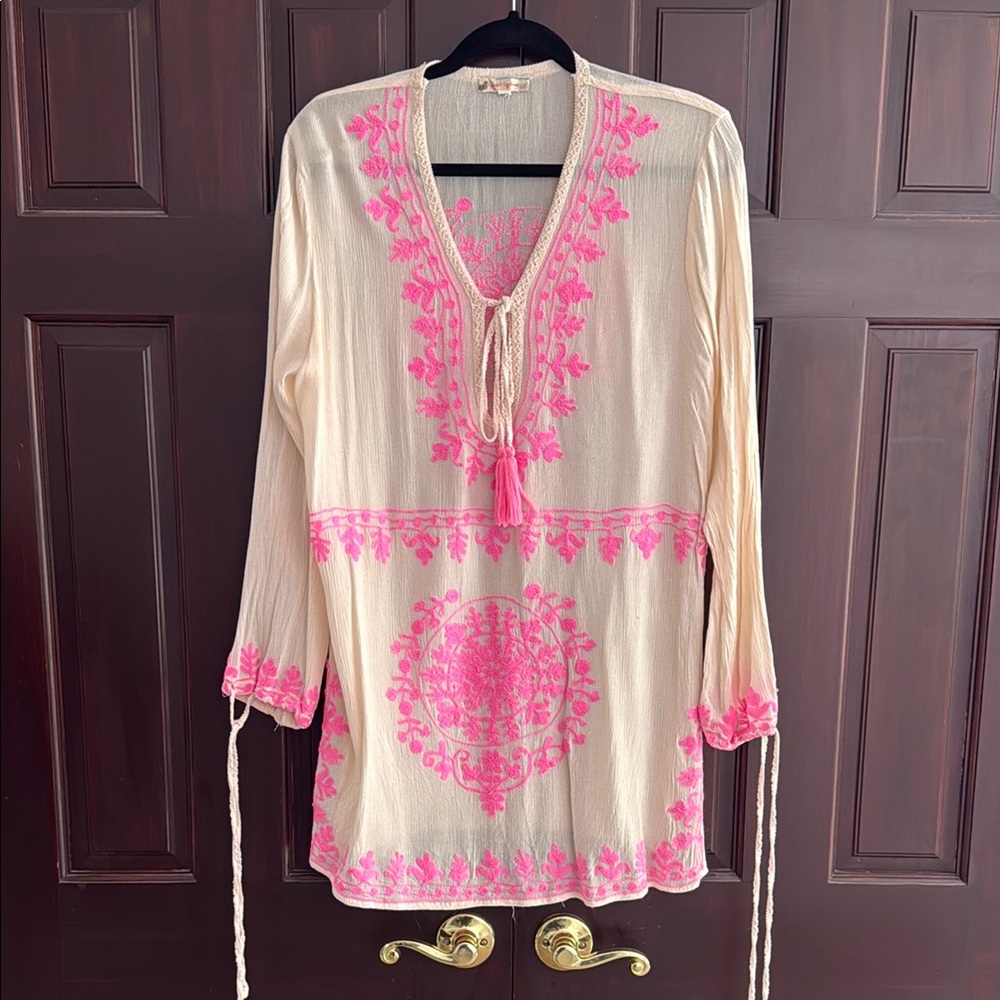 Embroidered Pink and Cream Swim Coverup
